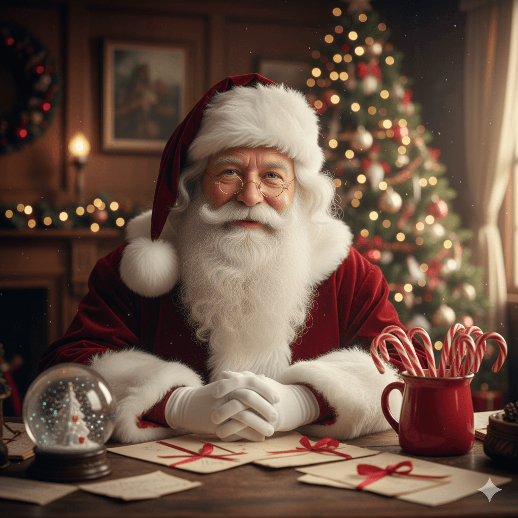 Santa Claus at his desk with Christmas tree